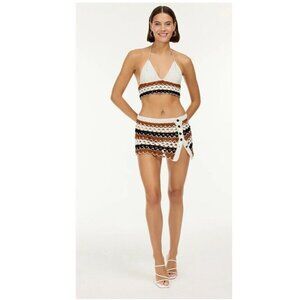NWT My Beachy Side Crochet Halter Top Bikini Skirt Set White Brown Black Medium
